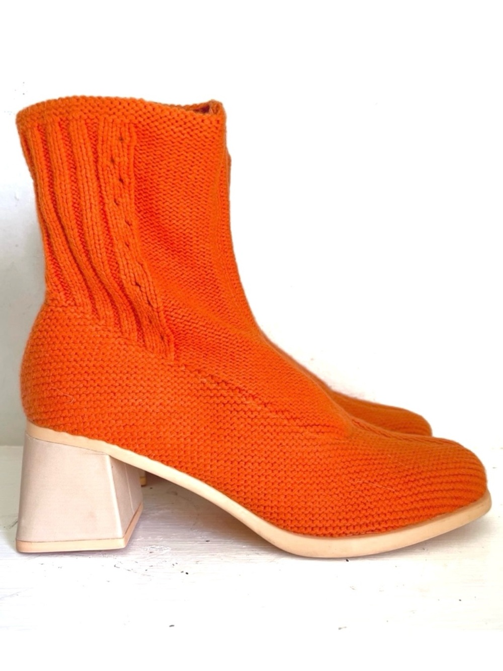 Eckhaus Latta Camper Together Knit Ankle Boots With Block Heel In Orange Size 36